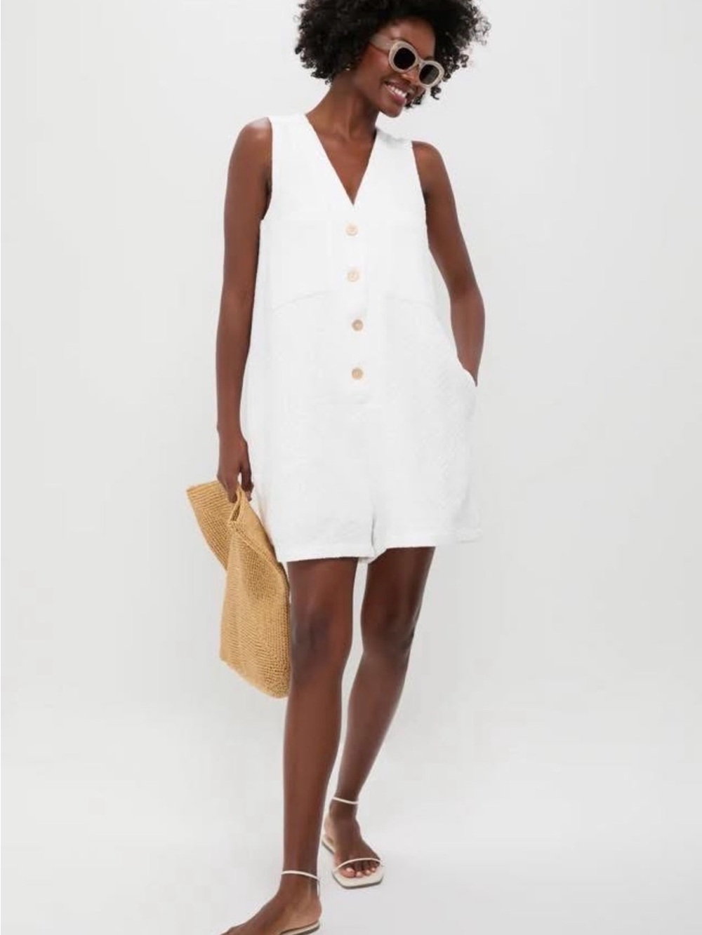Tuckernuck Myla White Sleeveless Button Romper Coastal Nautical